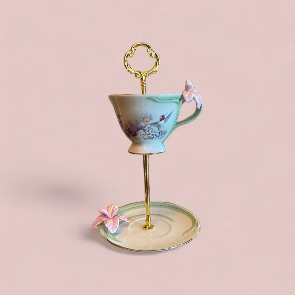 Upcycled Lena Liu Teacup Jewelry Stand Tiered Display Daffodil Concerto Bradford